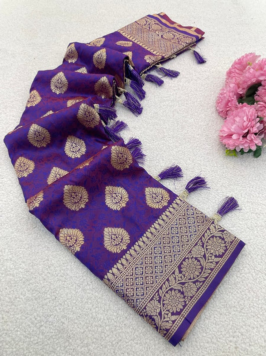 Bewitching Purple Pure Zari Weaving Banarasi Silk Saree With Ethnic Blouse Piece