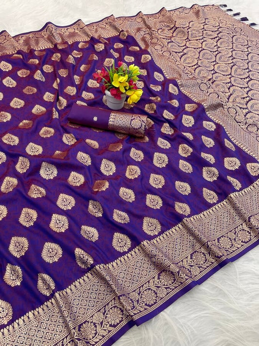 Bewitching Purple Pure Zari Weaving Banarasi Silk Saree With Ethnic Blouse Piece