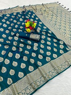 Evanescent Rama Pure Zari Weaving Banarasi Silk Saree With Glowing Blouse Piece