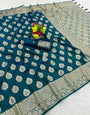 Evanescent Rama Pure Zari Weaving Banarasi Silk Saree With Glowing Blouse Piece