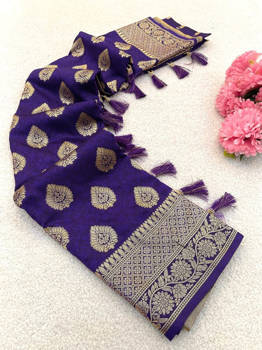 Intricate Royal Purple Pure Zari Weaving Banarasi Silk Saree With Resonant Blouse Piece