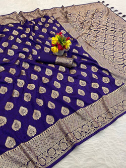 Intricate Royal Purple Pure Zari Weaving Banarasi Silk Saree With Resonant Blouse Piece