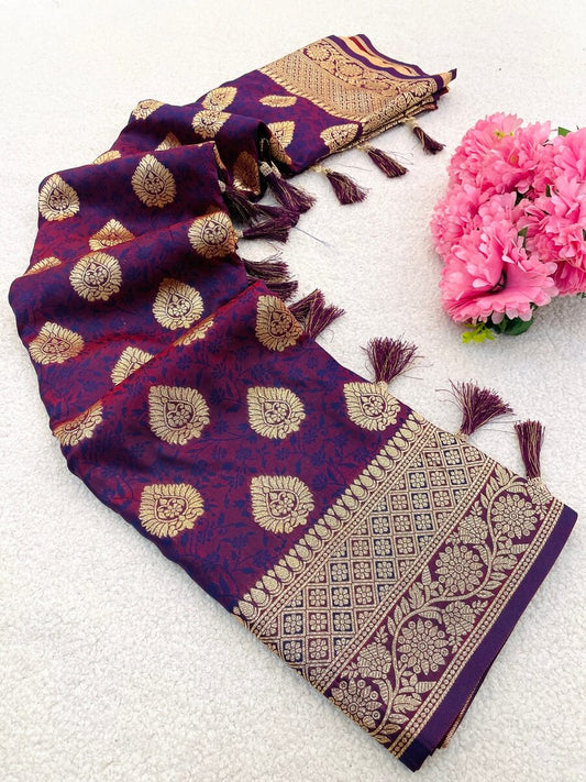Girlish Wine Pure Zari Weaving Banarasi Silk Saree With Epiphany Blouse Piece