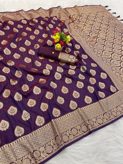 Girlish Wine Pure Zari Weaving Banarasi Silk Saree With Epiphany Blouse Piece