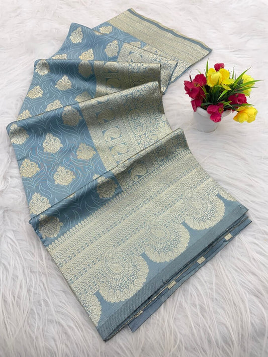 Whimsical Grey Soft Silk Saree With Outstanding Blouse Piece