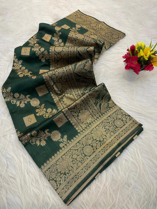 Fancifull Dark Green Soft Silk Saree With Rhapsodic Blouse Piece