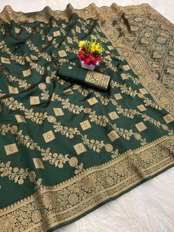 Fancifull Dark Green Soft Silk Saree With Rhapsodic Blouse Piece