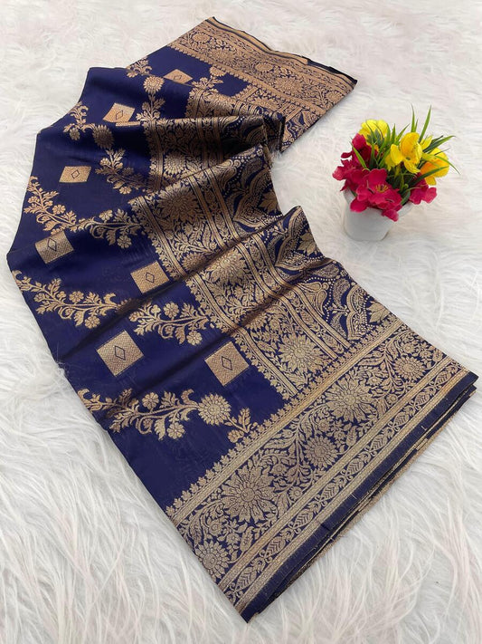 Evocative Navy Blue Soft Silk Saree With Ephemeral Blouse Piece