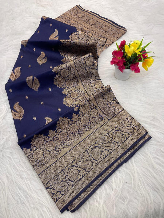 Sumptuous Navy Blue Soft Silk Saree With Allure Blouse Piece