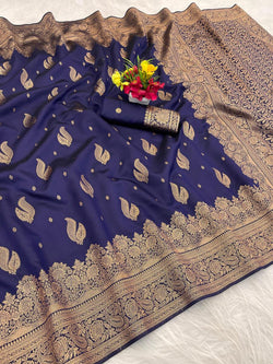 Sumptuous Navy Blue Soft Silk Saree With Allure Blouse Piece