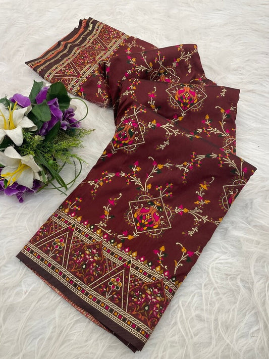 Delightful Brown Pashmina Saree With Innovative Blouse Piece