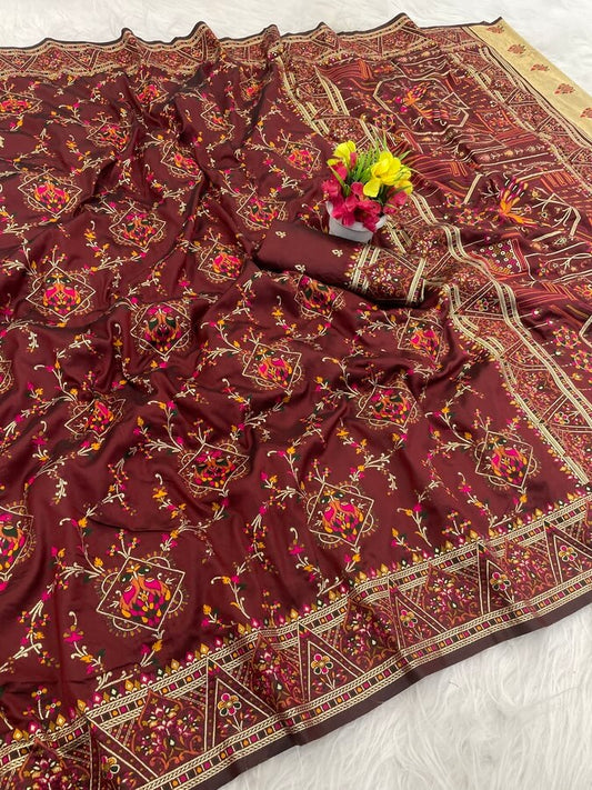 Delightful Brown Pashmina Saree With Innovative Blouse Piece