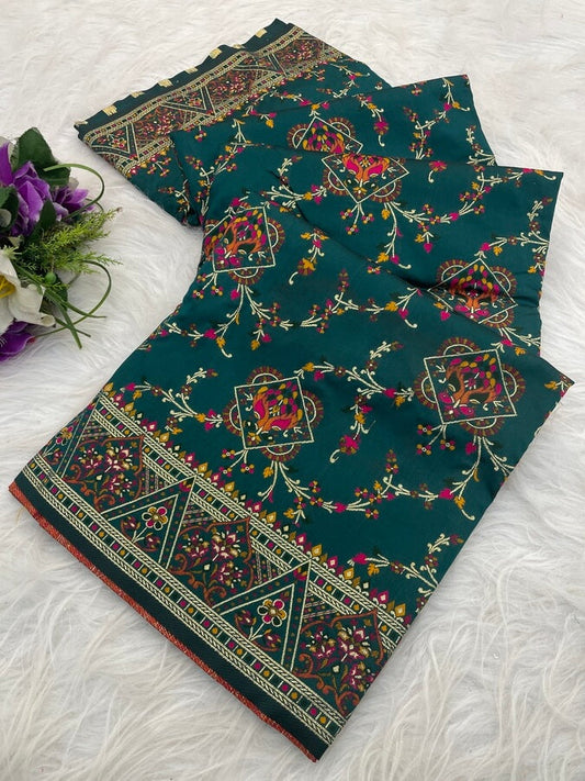 Angelic Dark Green Pashmina Saree With Majesty Blouse Piece