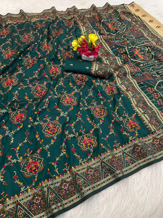 Angelic Dark Green Pashmina Saree With Majesty Blouse Piece