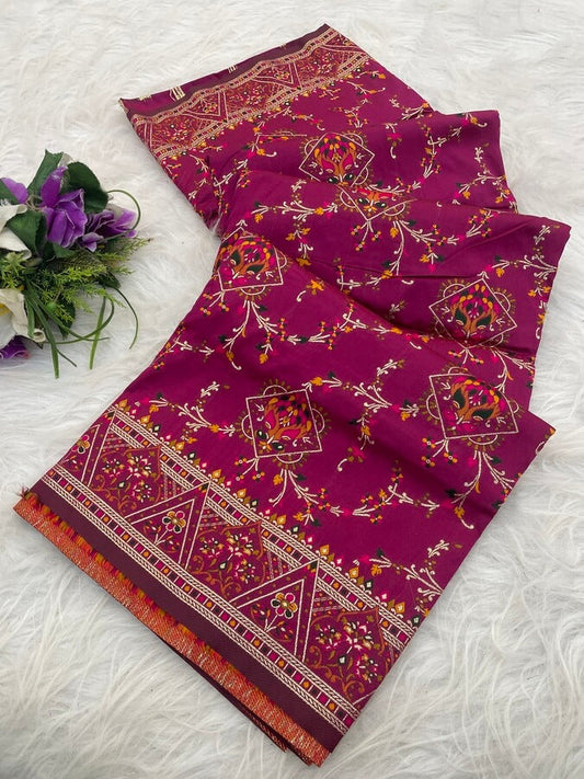 Gleaming Dark Pink Pashmina Saree With Moiety Blouse Piece