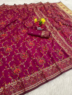 Gleaming Dark Pink Pashmina Saree With Moiety Blouse Piece