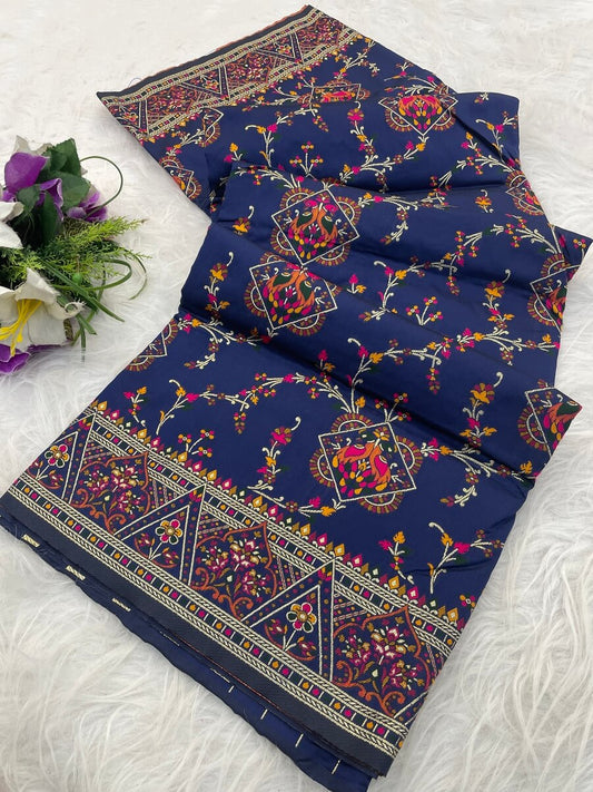 Excellent Navy Blue Pashmina Saree With Vivacious Blouse Piece