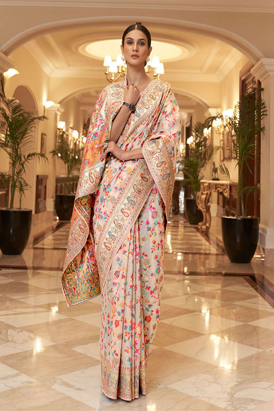 Eloquence Beige Pashmina saree With Panoply Blouse Piece