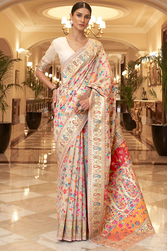 Eloquence Beige Pashmina saree With Panoply Blouse Piece