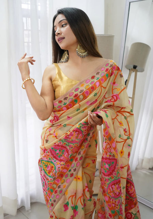 Beauteous Beige Pashmina saree With Fancifull Blouse Piece