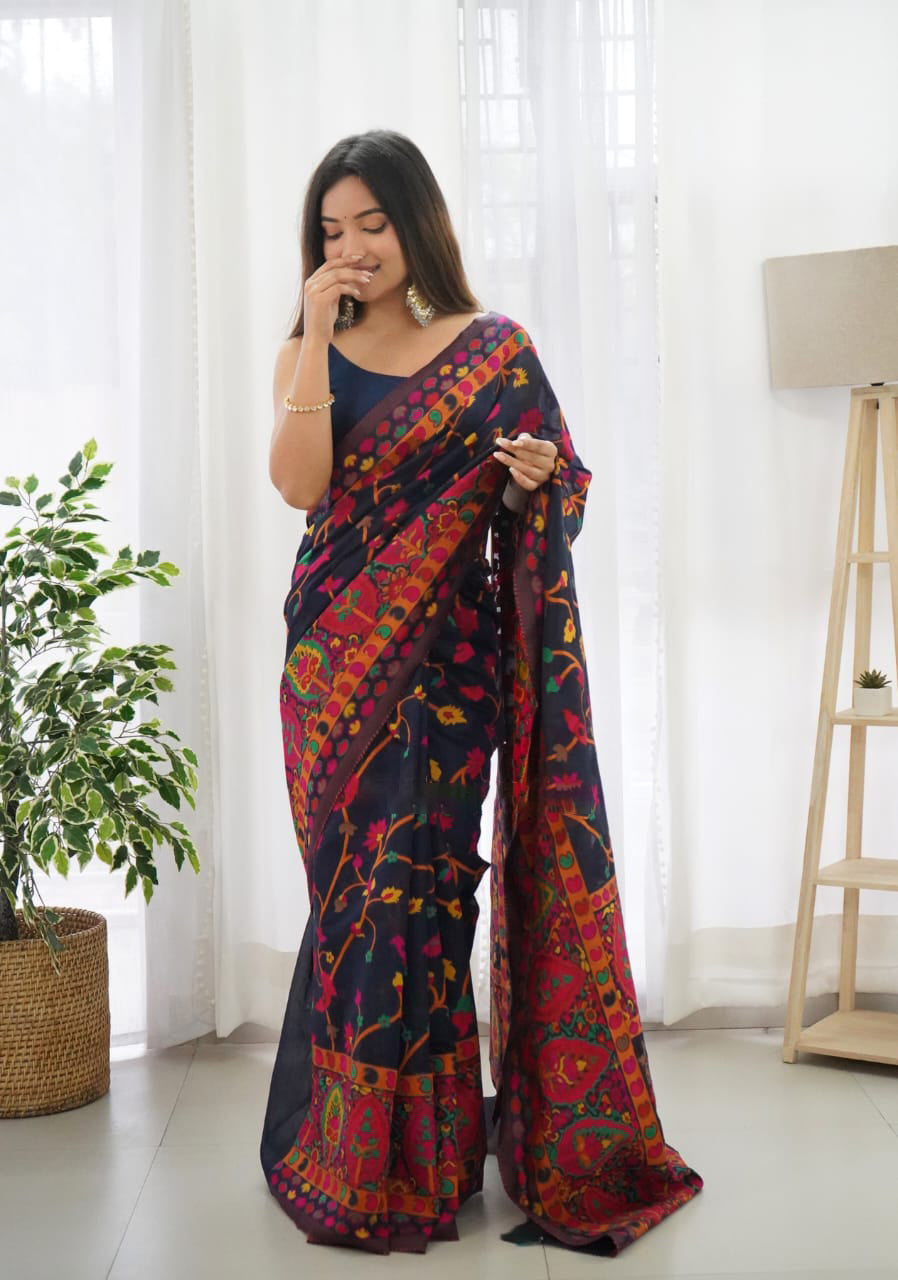 Phenomenal Navy Blue Pashmina saree With Adorning Blouse Piece