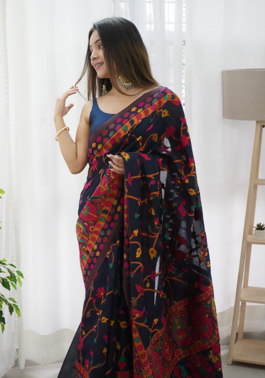 Phenomenal Navy Blue Pashmina saree With Adorning Blouse Piece