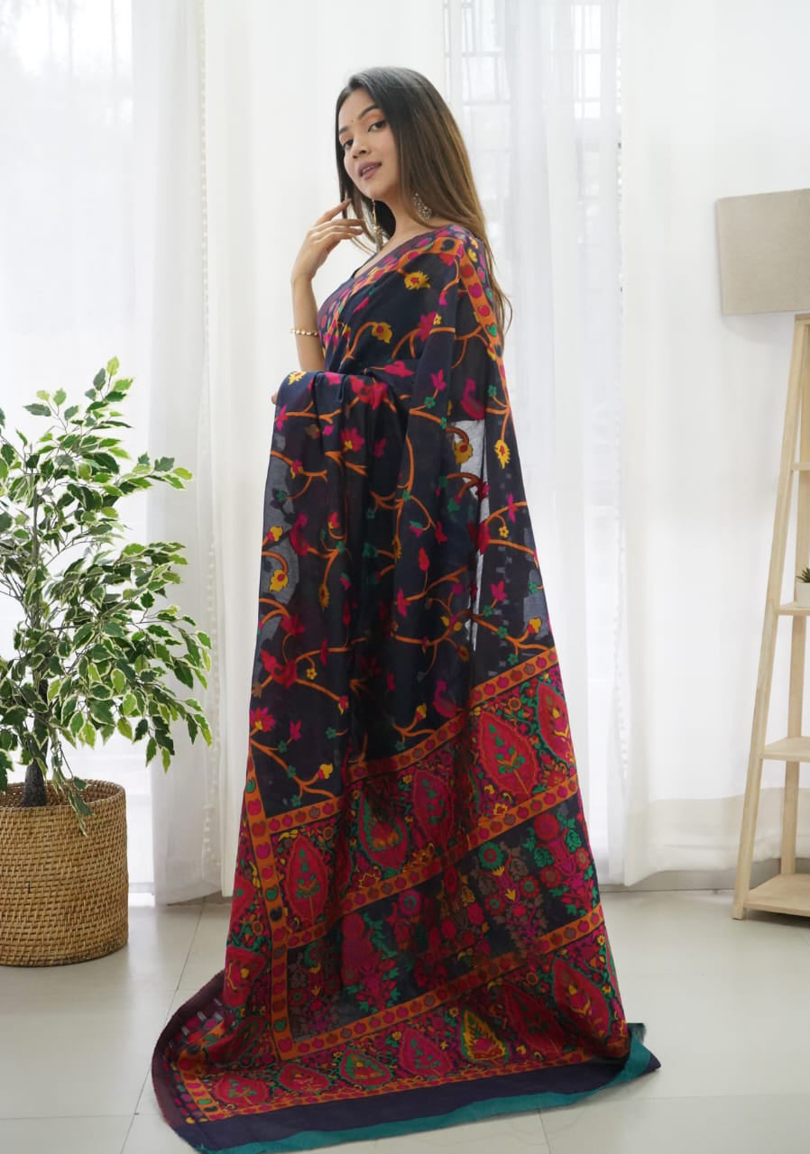 Phenomenal Navy Blue Pashmina saree With Adorning Blouse Piece