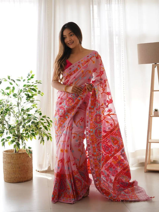 Refreshing Pink Pashmina saree With Extraordinary Blouse Piece