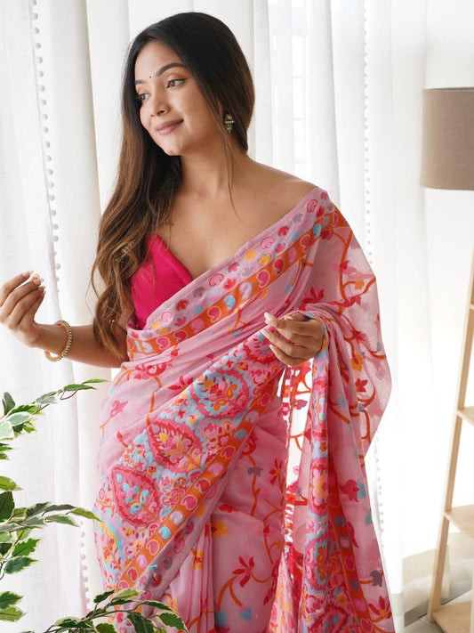 Refreshing Pink Pashmina saree With Extraordinary Blouse Piece