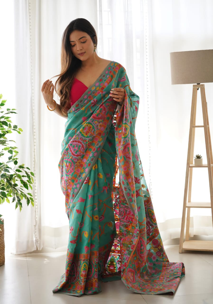 Classy Rama Pashmina saree With Gratifying Blouse Piece