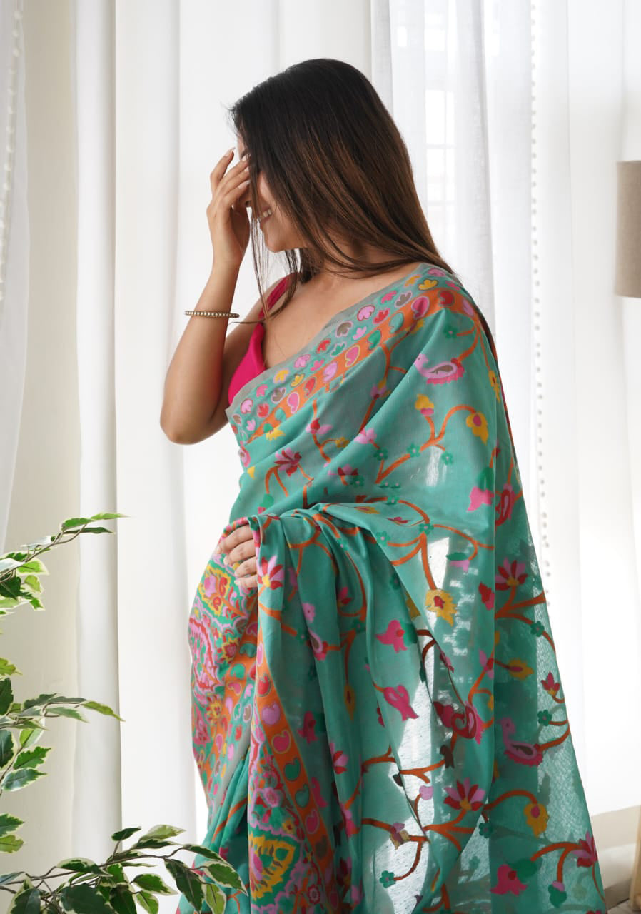 Classy Rama Pashmina saree With Gratifying Blouse Piece