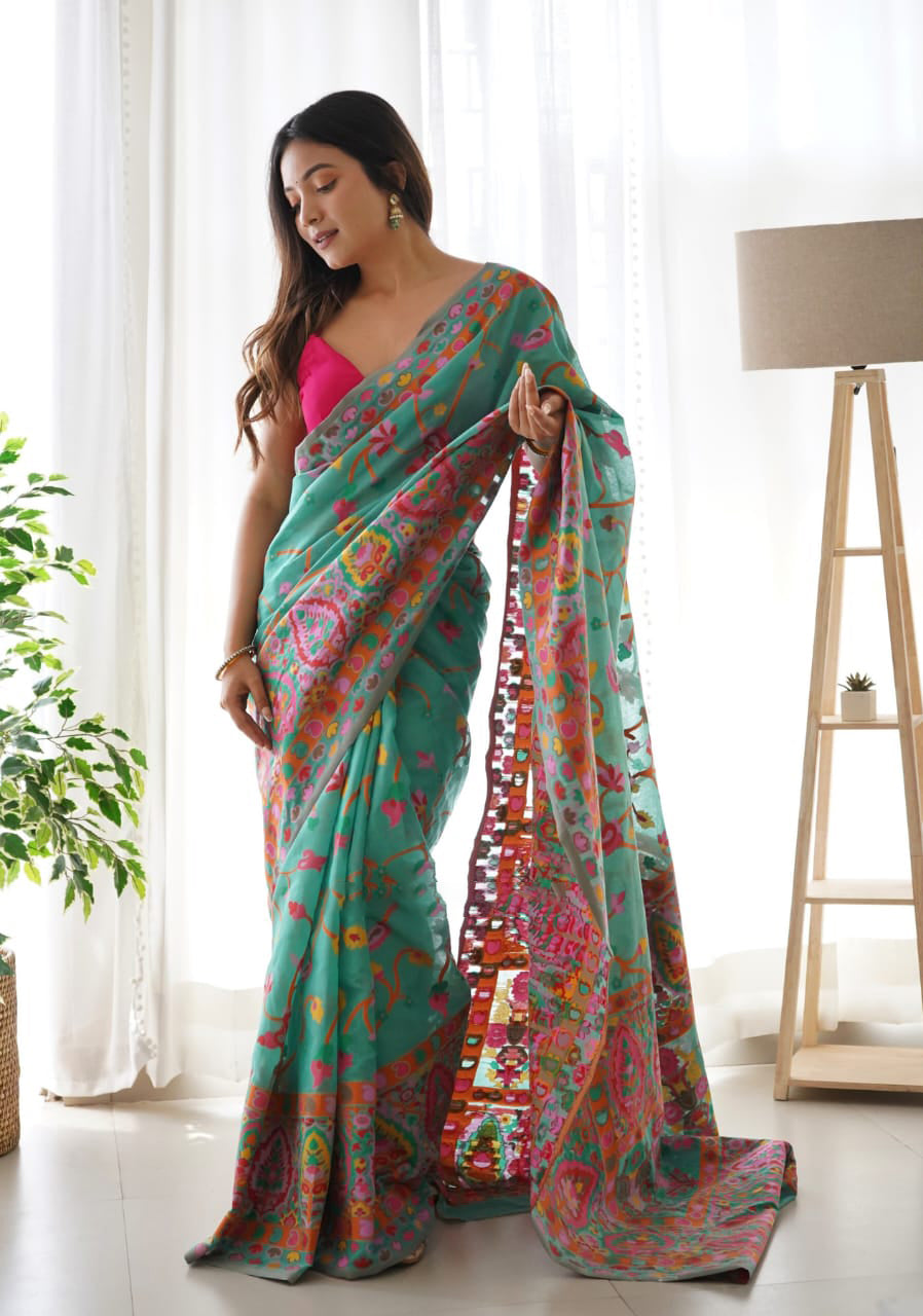 Classy Rama Pashmina saree With Gratifying Blouse Piece