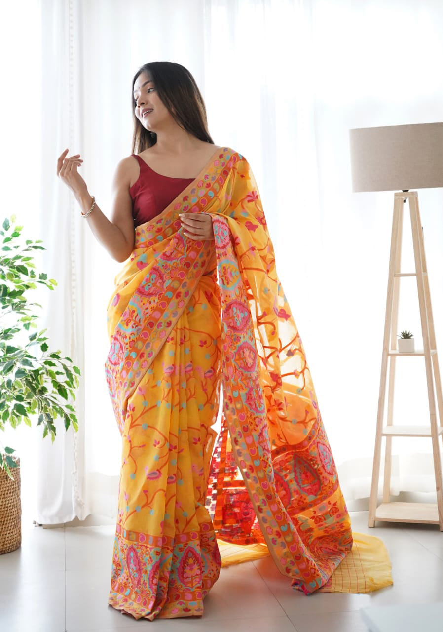 Trendy Yellow Pashmina saree With Unique Blouse Piece