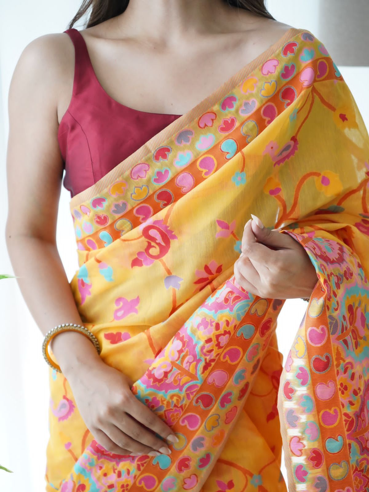 Trendy Yellow Pashmina saree With Unique Blouse Piece