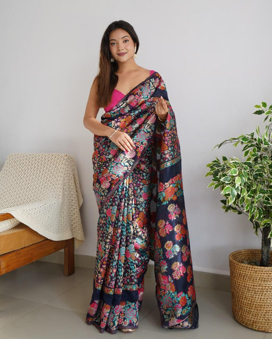 Allure Navy Blue Pashmina saree With Amazing Blouse Piece