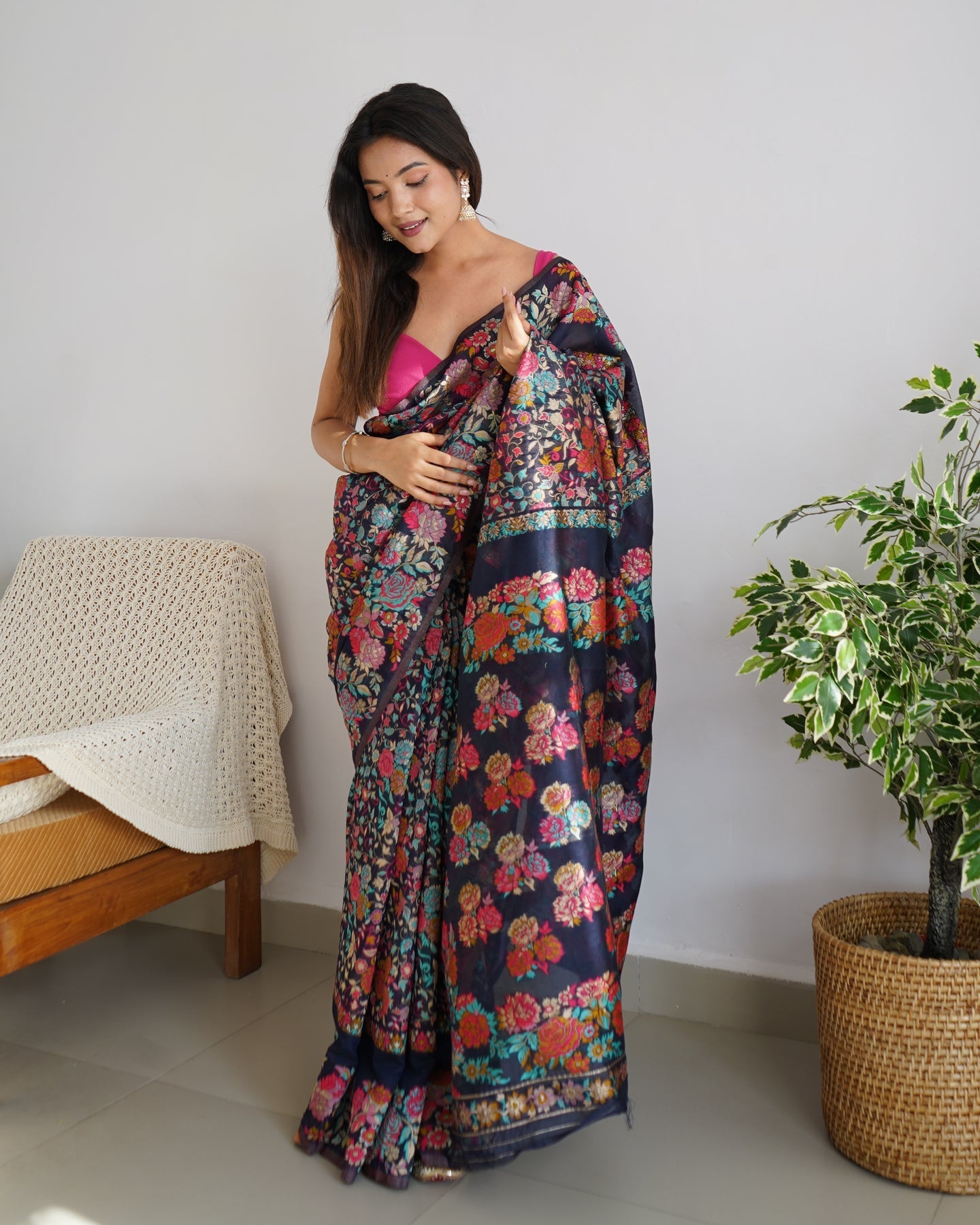 Allure Navy Blue Pashmina saree With Amazing Blouse Piece