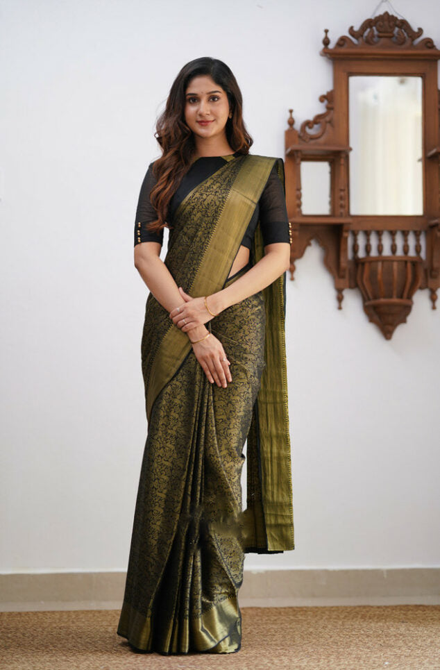 Glittering Black Soft Silk Saree With Enchanting Blouse Piece