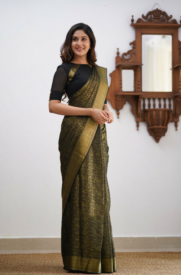 Glittering Black Soft Silk Saree With Enchanting Blouse Piece