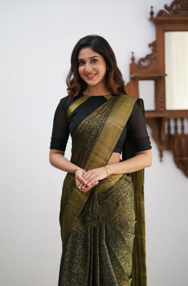 Glittering Black Soft Silk Saree With Enchanting Blouse Piece