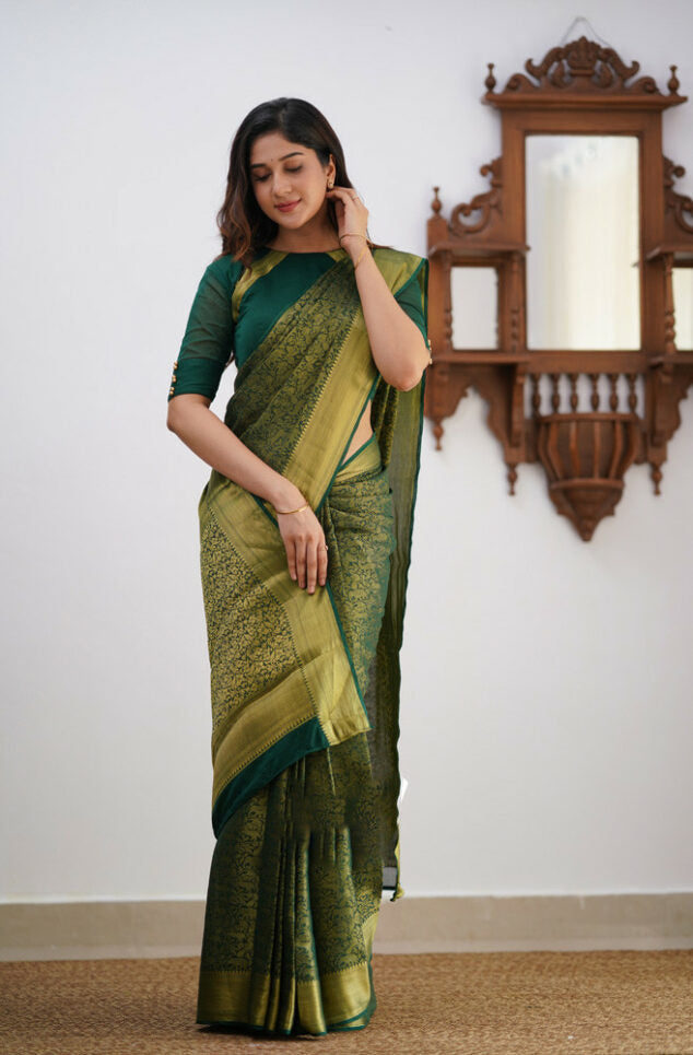 Pleasurable Dark Green Soft Silk Saree With Petrichor Blouse Piece