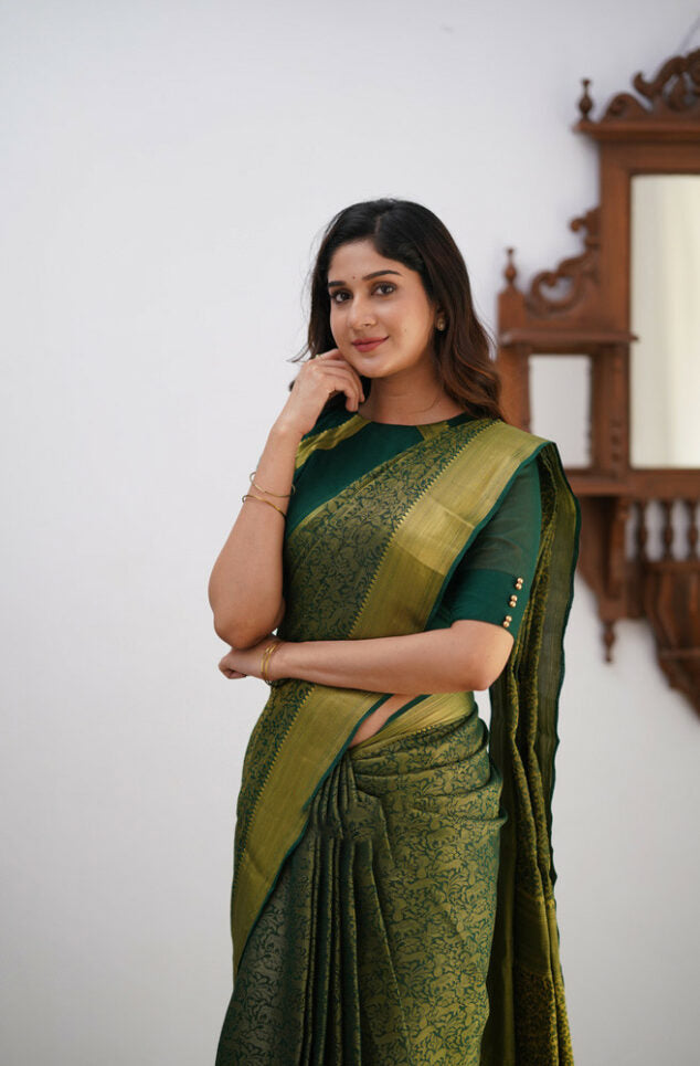 Pleasurable Dark Green Soft Silk Saree With Petrichor Blouse Piece