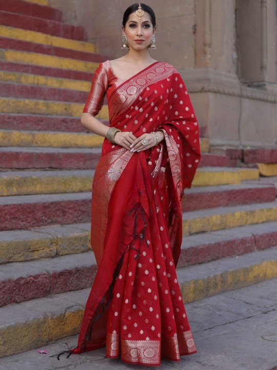 Beleaguer Red Soft Silk Saree With Assemblage Blouse Piece