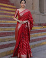 Beleaguer Red Soft Silk Saree With Assemblage Blouse Piece