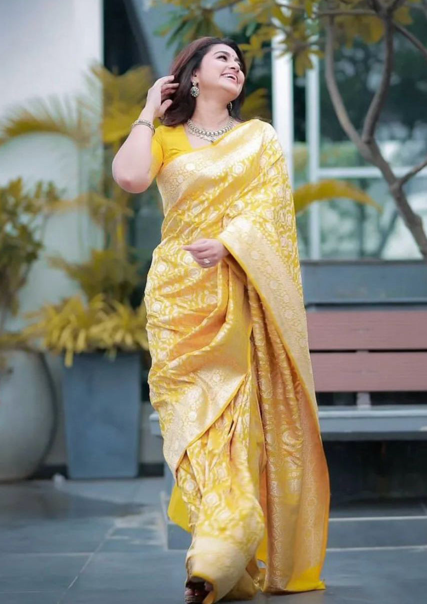 Piquant Yellow Soft Silk Saree With Embellished Blouse Piece