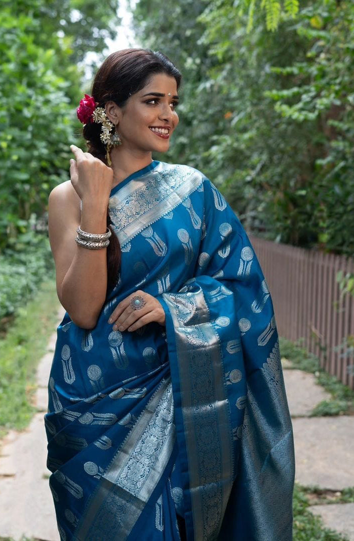 Propinquity Blue Soft Silk Saree With Denouement Blouse Piece