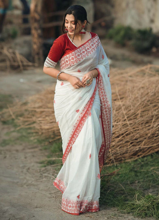 Glowing White Cotton Silk Saree With Moiety Blouse Piece