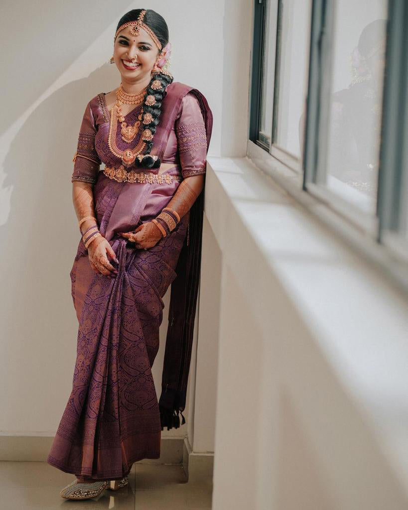 Preferable Purple Soft Silk Saree With Mesmeric Blouse Piece