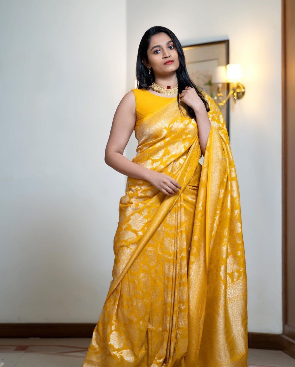 Charming Yellow Soft Silk Saree With Invaluable Blouse Piece