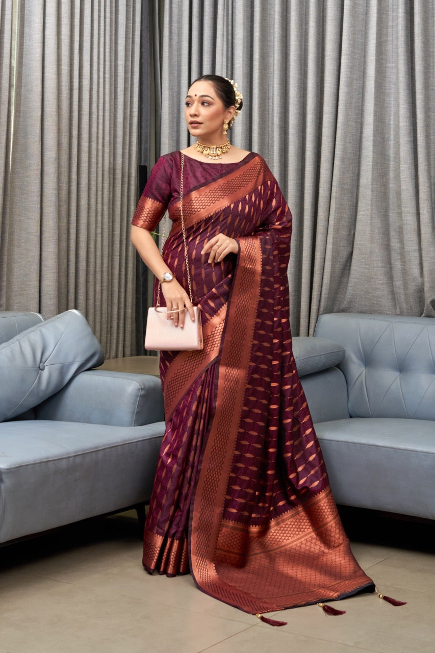 Hypnotic Wine Soft Silk Saree With Appealing Blouse Piece
