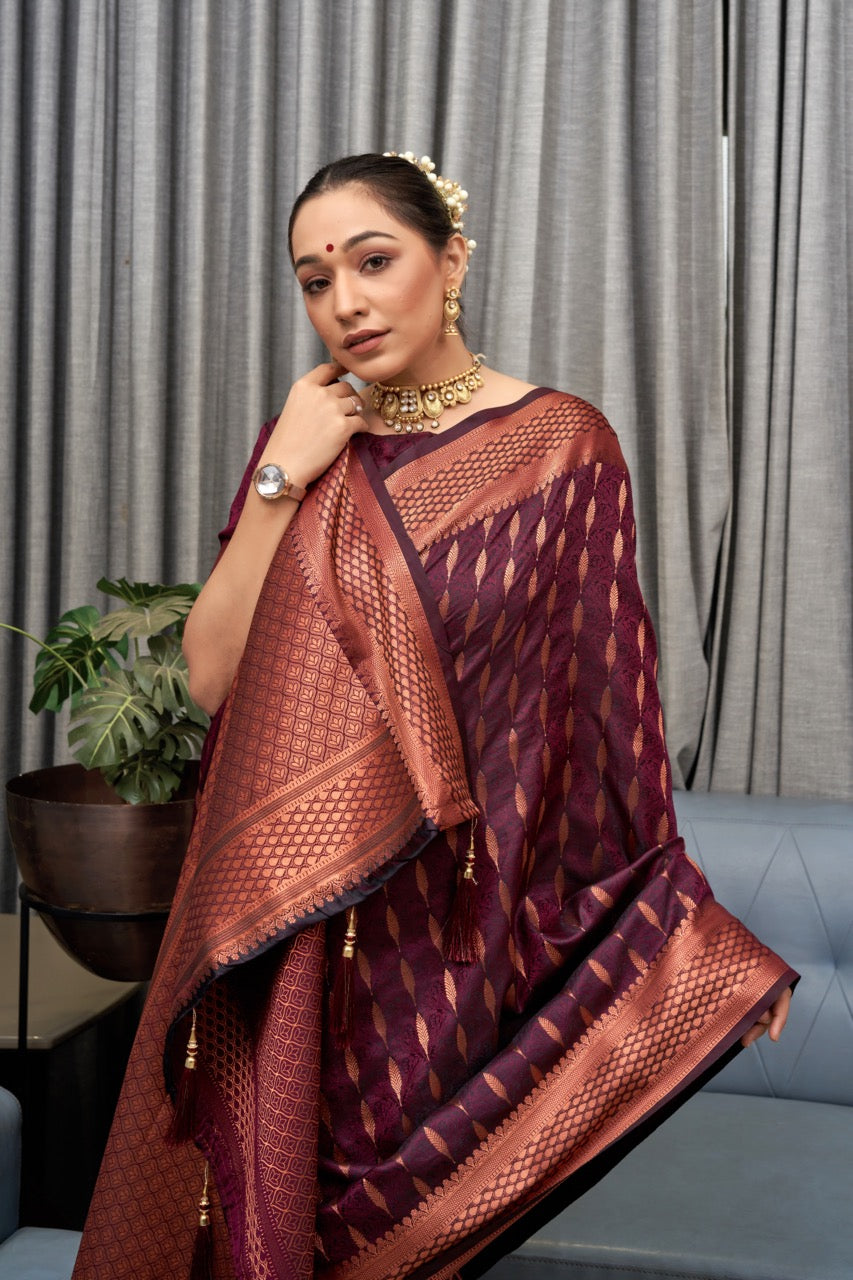 Hypnotic Wine Soft Silk Saree With Appealing Blouse Piece